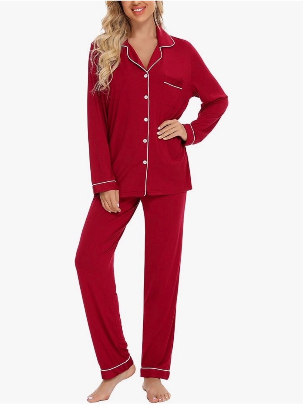 Red Button Down Pajama Set Women’s M Soft Viscose Lounge Set Notch Collar